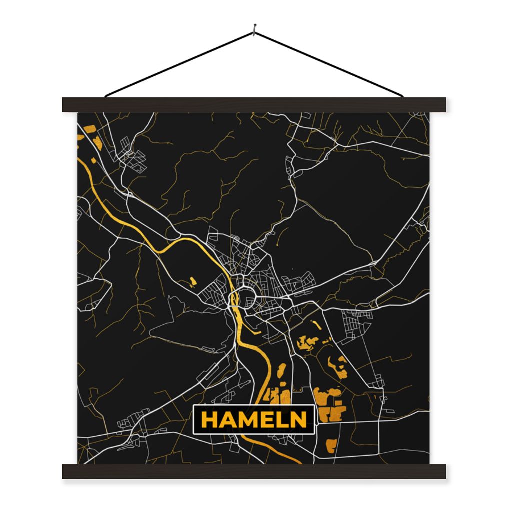 MuchoWow Textilposter Karte - Hameln - Gold - Stadtplan - Deutschland 120x120 cm mit schwarzem Rahmen - Aufhängungsset