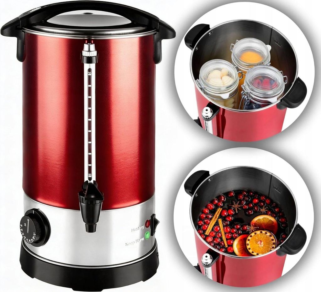 A collage showing a red hot beverage dispenser and close-ups of its interior with different contents.