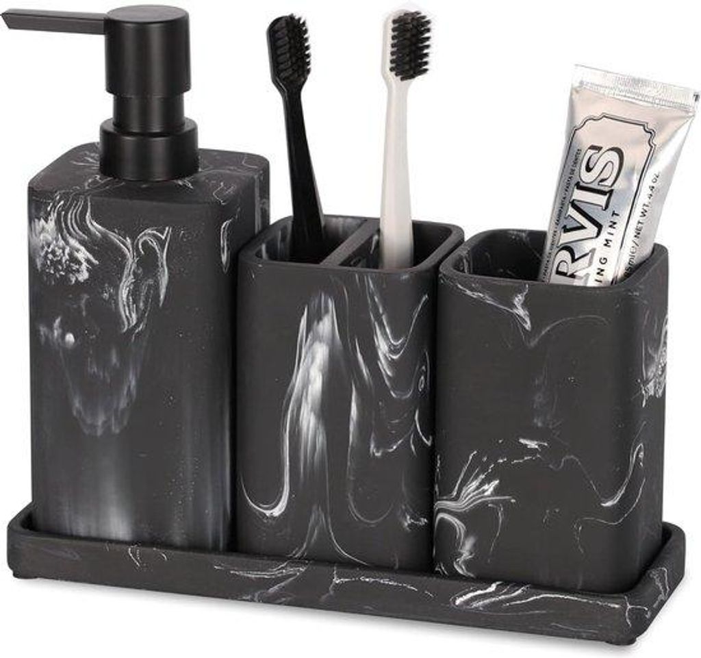 Badezimmer-Accessoires-Set - Badezimmer-Accessoires - Schwarz-Marmor - Kunststoff