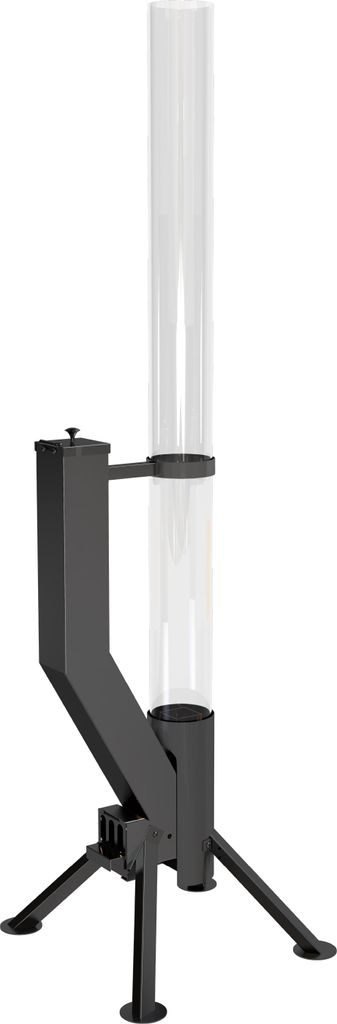 A black metal and clear glass outdoor heater on a white background.