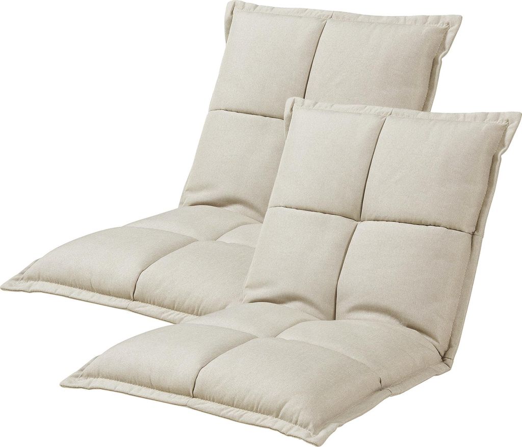 Two beige floor chairs are shown against a white background.