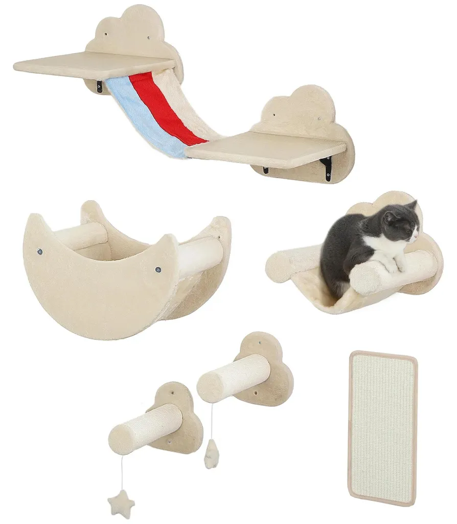 Arbre à chat beige avec griffoir sisal, 4 niveaux, format compact