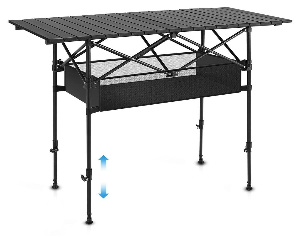 Campingtisch - Klappbarer Outdoortisch aus Aluminium - 120 cm - Verstellbar - Für 4 Personen - Rechteckig - Mit Stauraum & Tragetasche - Schwarz