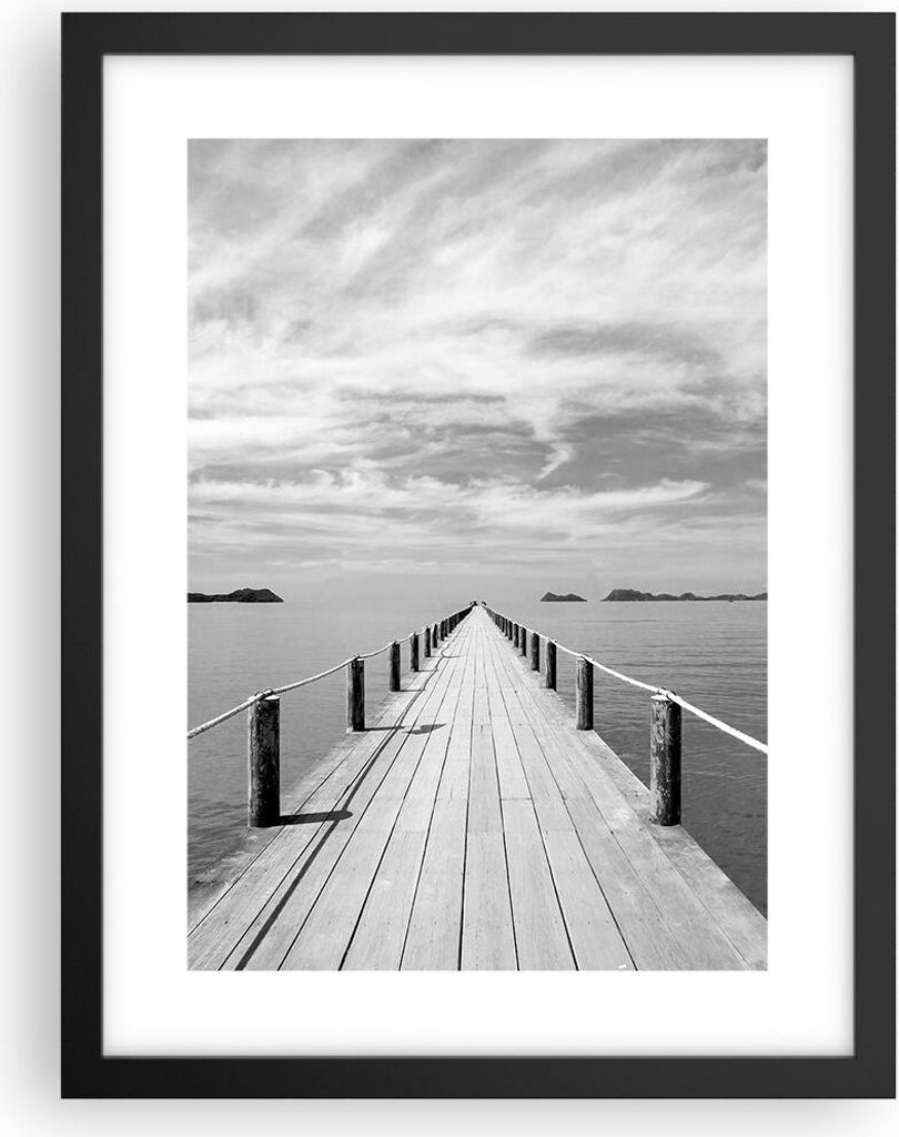 Gerahmtes Poster - Schwarzer Rahmen - Holz Brücke Meer - 30x40 cm - Wand Bild - Wanddeko - Wandbilder - Kunstposter - Wandposter - Bilderrahmen - ...