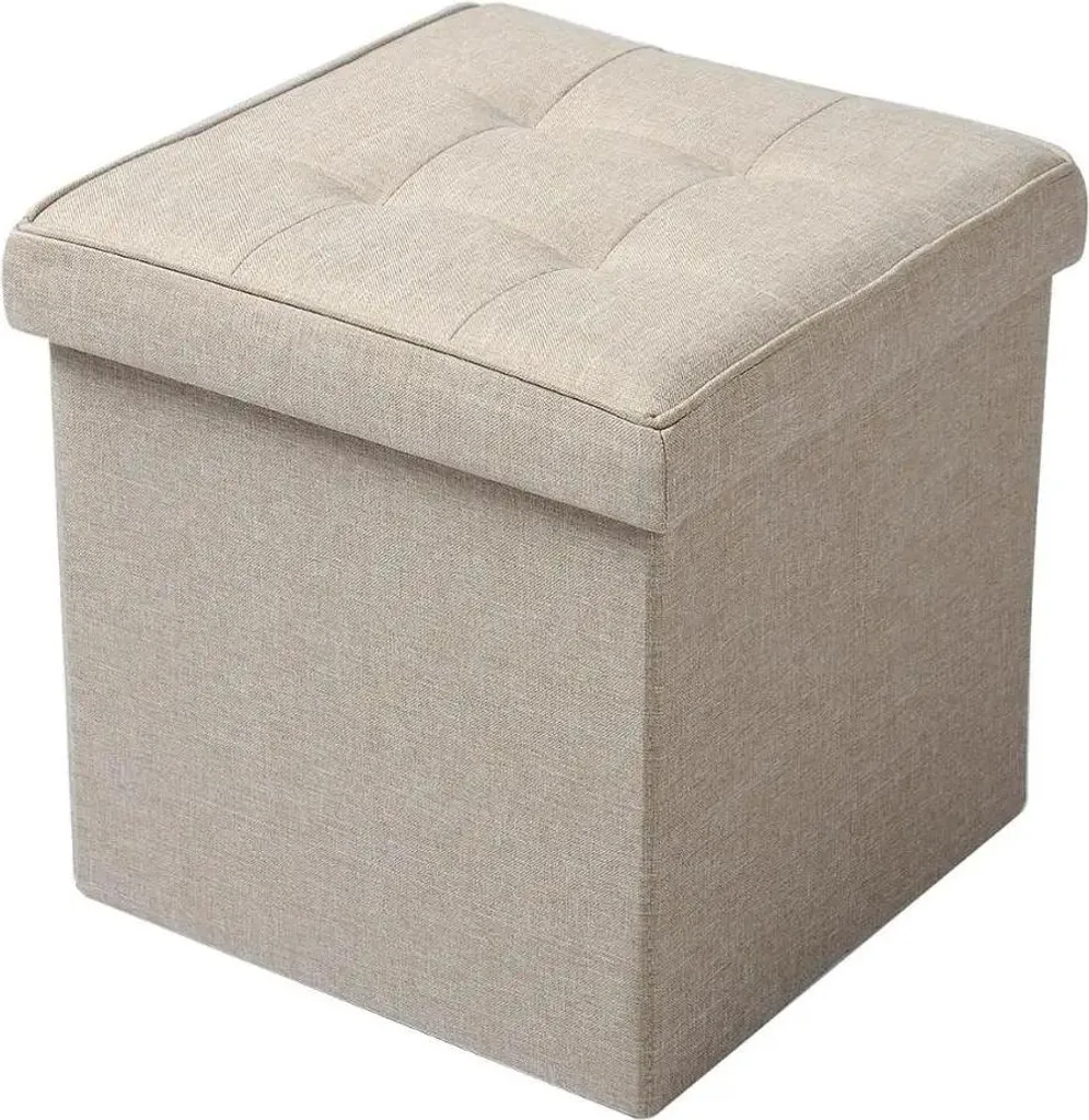 Tabouret assise rembourrée avec rangement - Pliable en lin beige 38 cm