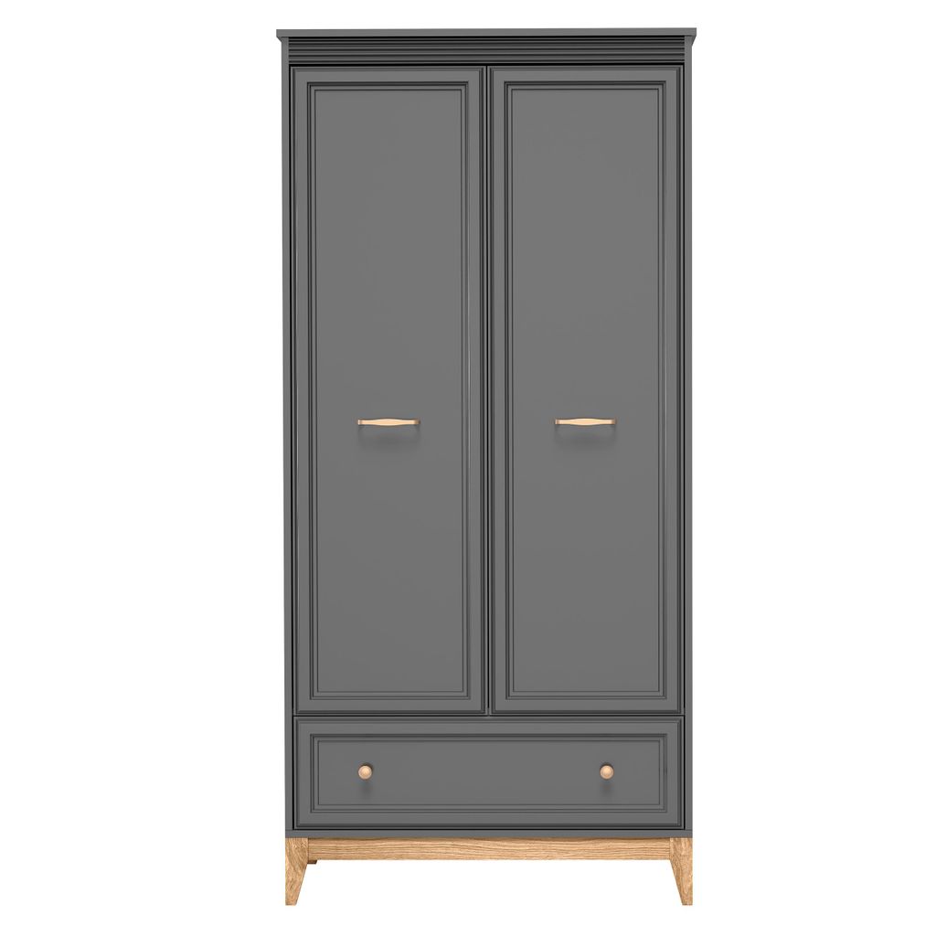 AX LIVING Kleiderschrank Nymphen Dunkelgrau 2 Türen Schublade MDF Eiche Beine