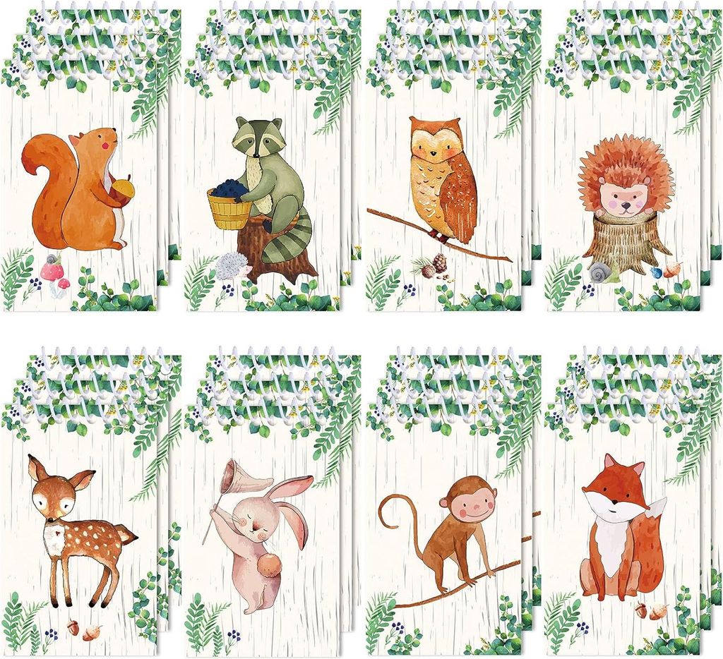 24 Stück Mini-Notizbücher Waldtiere Thema - Partygeschenke für Geburtstag und Klassenzimmer - Notizblöcke mit Waschbär, Eichhörnchen, Eule & ...