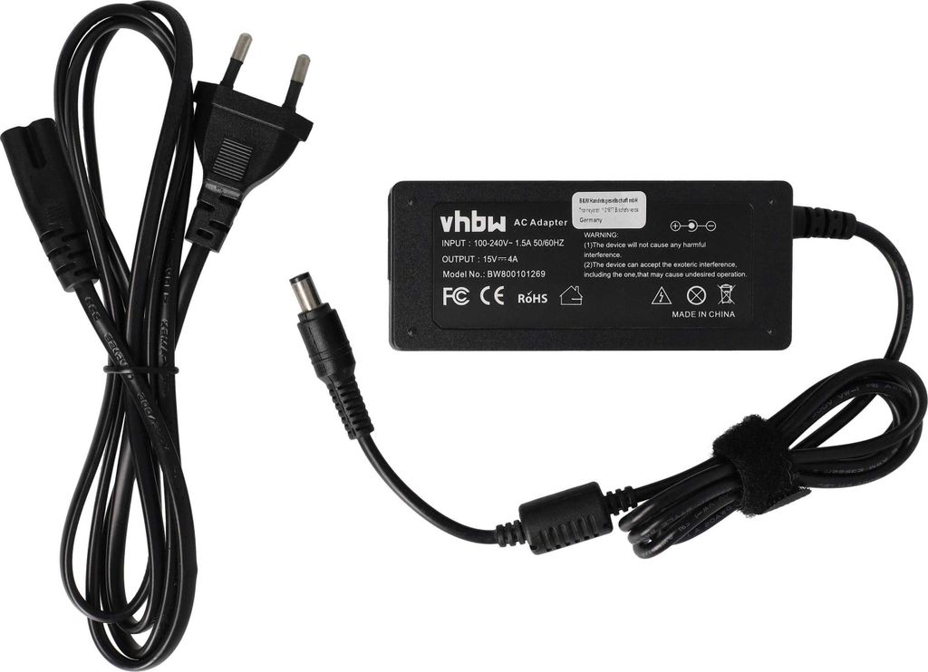 vhbw Netzteil kompatibel mit Toshiba Portégé 4000, 4005, 2010, 2000, 3505 Tablet PC, 620CT, 3500 Tablet PC, 320CT, 4010 Notebook - 200 cm, 60 W