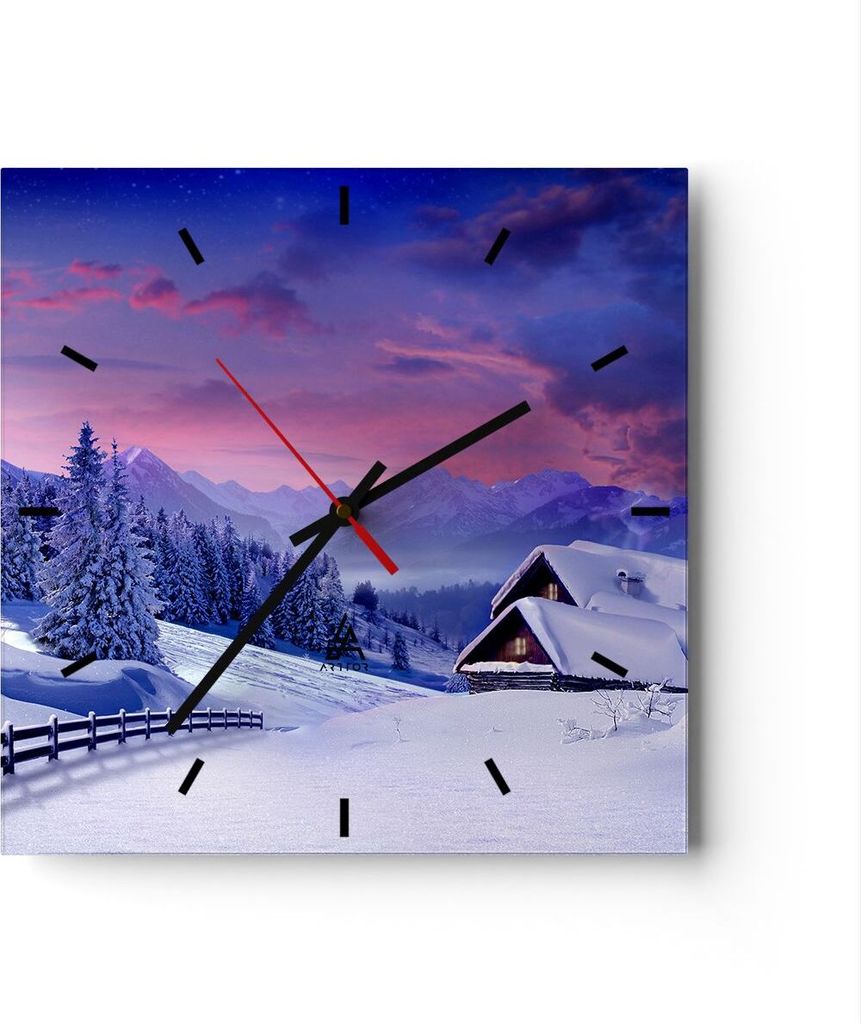 Wanduhr - Quadrat - Glasuhr - Winter Landschaft Frost Schnee - 30x30cm - Schleichendes Uhrwerk - Lautlos - zum Aufhängen bereit - Dekoration Moder...