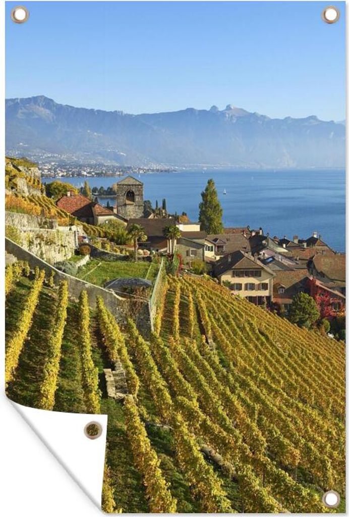 MuchoWow 40x60 cm Outdoor-Poster Gartendeko Sichtschutz Garten Poster für den Garten Foto von einem Weinberg über dem Genfer See