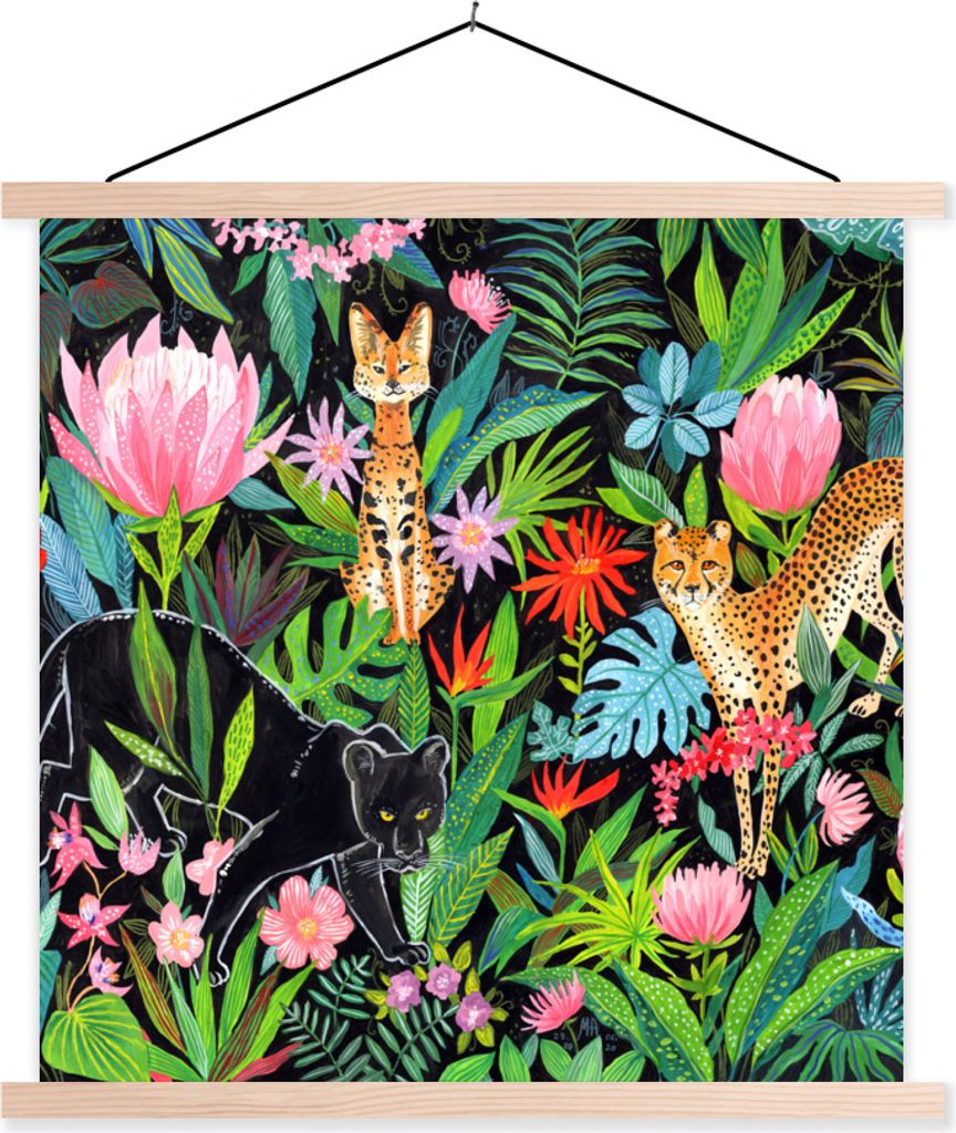 MuchoWow Textilposter Dschungel - Tiere - Blätter - Blumen 60x60 cm mit holzfarbenen Rahmen - Wanddekoration
