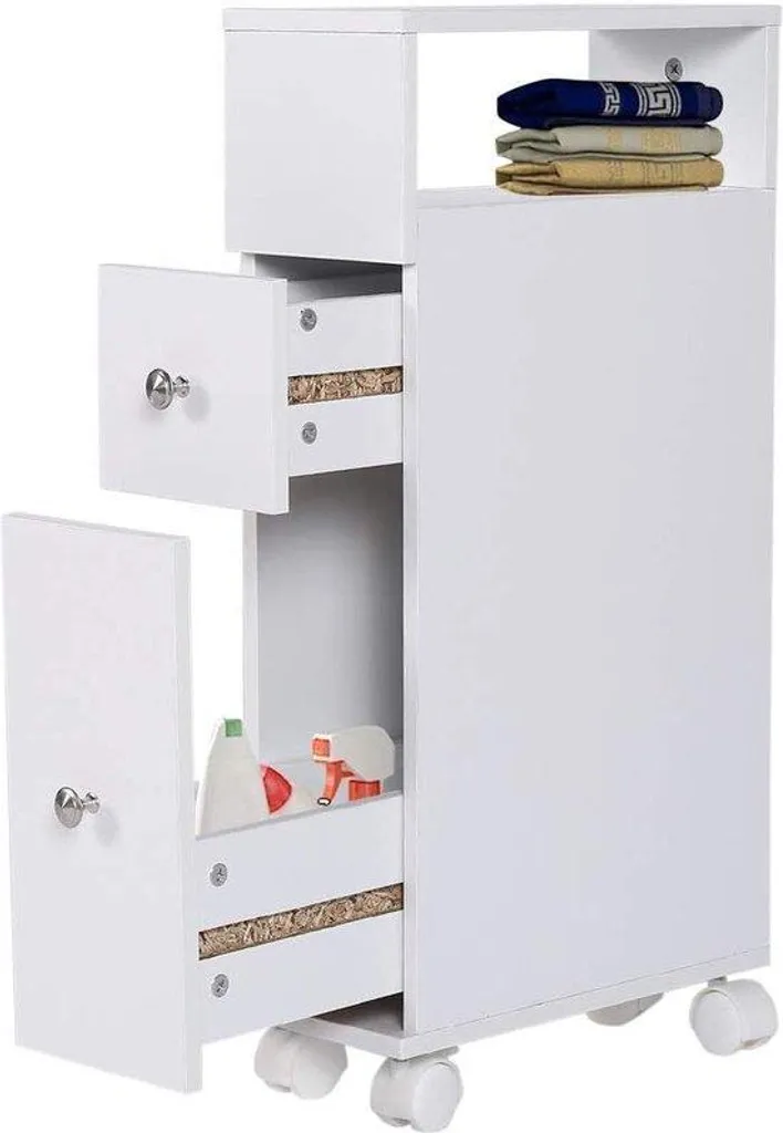 Armoire de salle de bain blanche sur roulettes avec étagère à chaussures