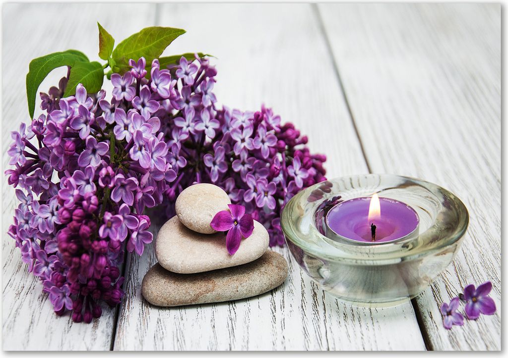 Tulup Leinwandbild - 100x70 cm - Wandkunst - Drucke auf Leinwand - Leinwanddruck - Blumen & Pflanzen - Lila - Flieder Zen Steine