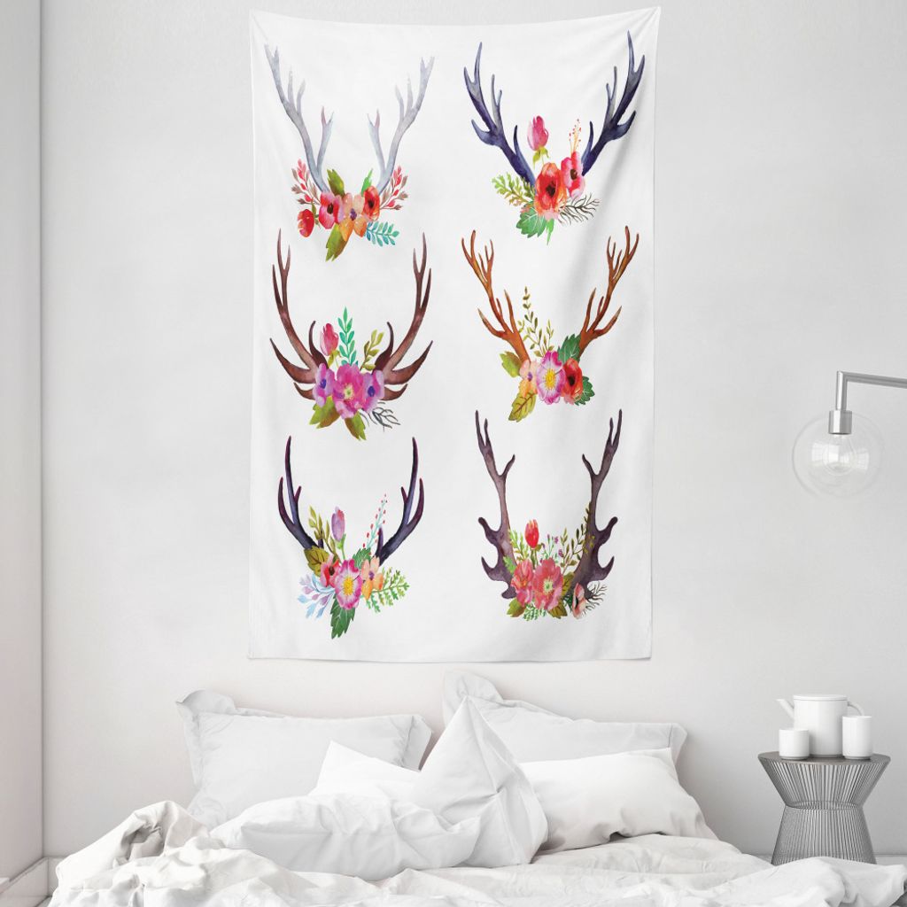 ABAKUHAUS Geweih Wandteppich und Tagesdecke, Blumenstrauß Tier Blumen aus Weiches Mikrofaser Stoff Waschbar ohne Verblassen Digitaldruck, 140 x 23...