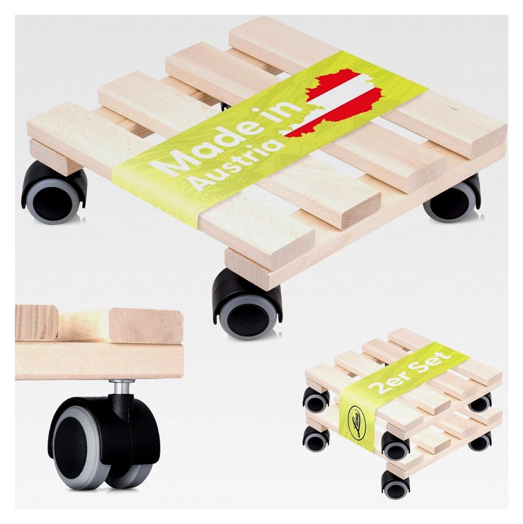 Pflanzenroller eckig 2er Set - massives Buchenholz mit 100kg Traglast - Rollbrett für Pflanzen - Blumenroller - Blumentopf Untersetzer mit Rollen ...