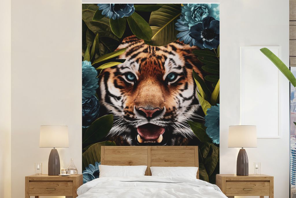 MuchoWow Fototapete für Wohnzimmer oder Schlafzimmer Wandtapete Vinyl Motivtapete Tiger - Blätter - Blau - 180x280 cm - Wallpaper