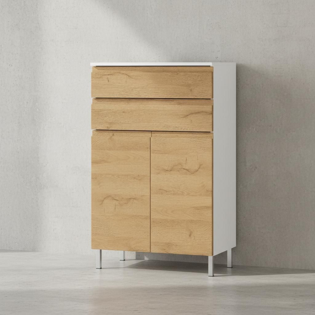 Stauraumkommode, Badschrank mit Schubladen, 60x34x97, in Weiß und Grandson-Eiche, Chromfüße, Grifflose, "Veer"-Serie | Kadima Design