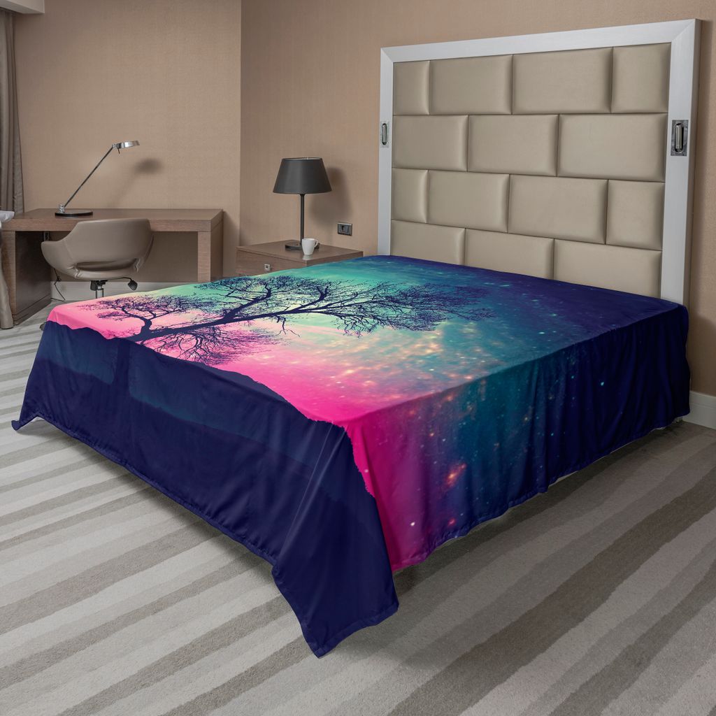 ABAKUHAUS Galaxis Bettlaken, Lebendige Sterne Magische Fantastische Raum Kosmische Einsame Baum Druck, weiches bequemes oberes Bettlaken für ein d...