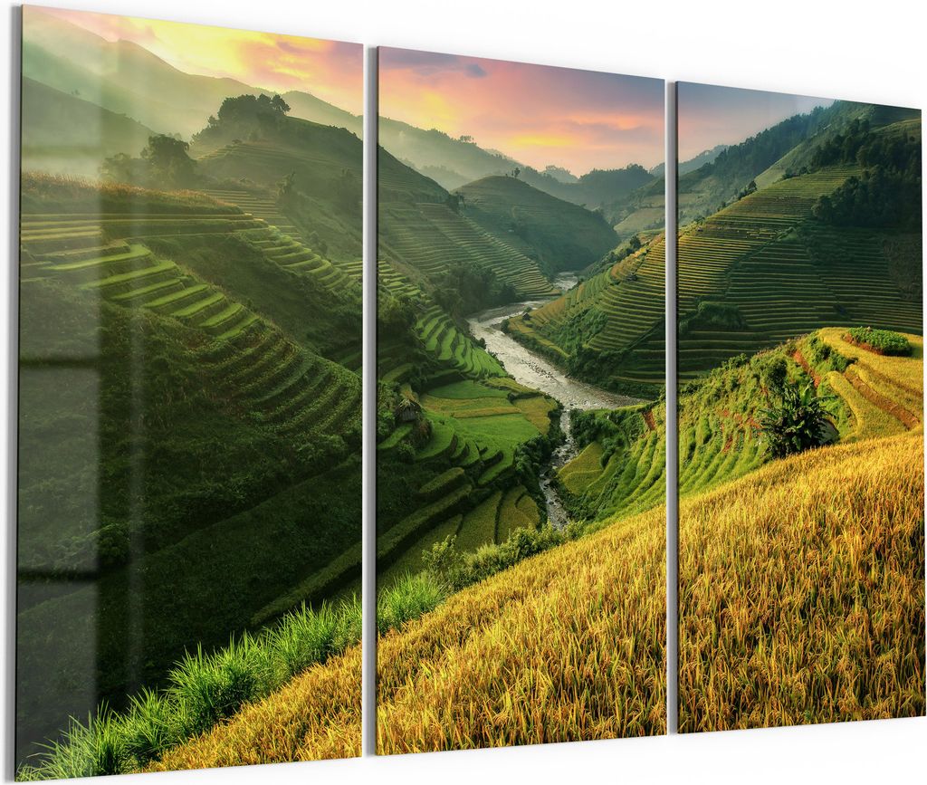 DEQORI Glasbild Echtglas 3x50x100 cm 'Glänzende Terrassenfelder' Wandbilder XXL groß