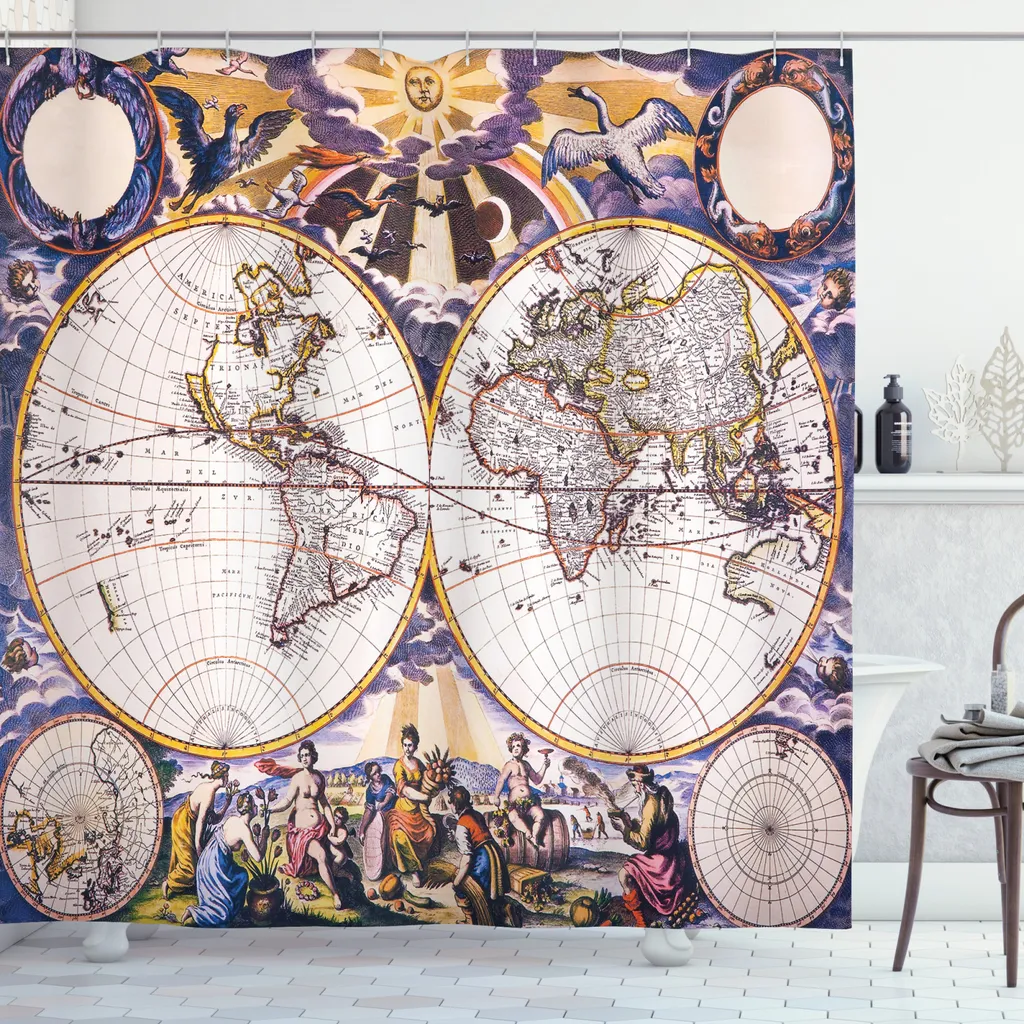 Grand Rideau de Douche en Tissu Opaque Carte du Monde et Ciel Bleu