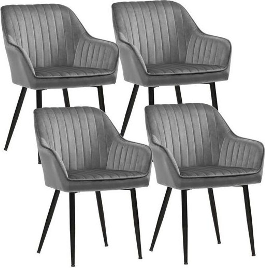 Four gray upholstered chairs with black metal legs are arranged in a grid on a white background.
