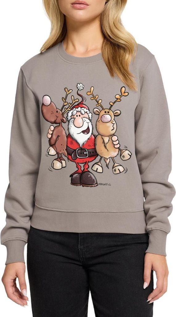 Spreadshirt Fröhlicher Weihnachtsmann Mit Rentieren Cartoon Stil Damen Premium Pullover, XL, Taupe