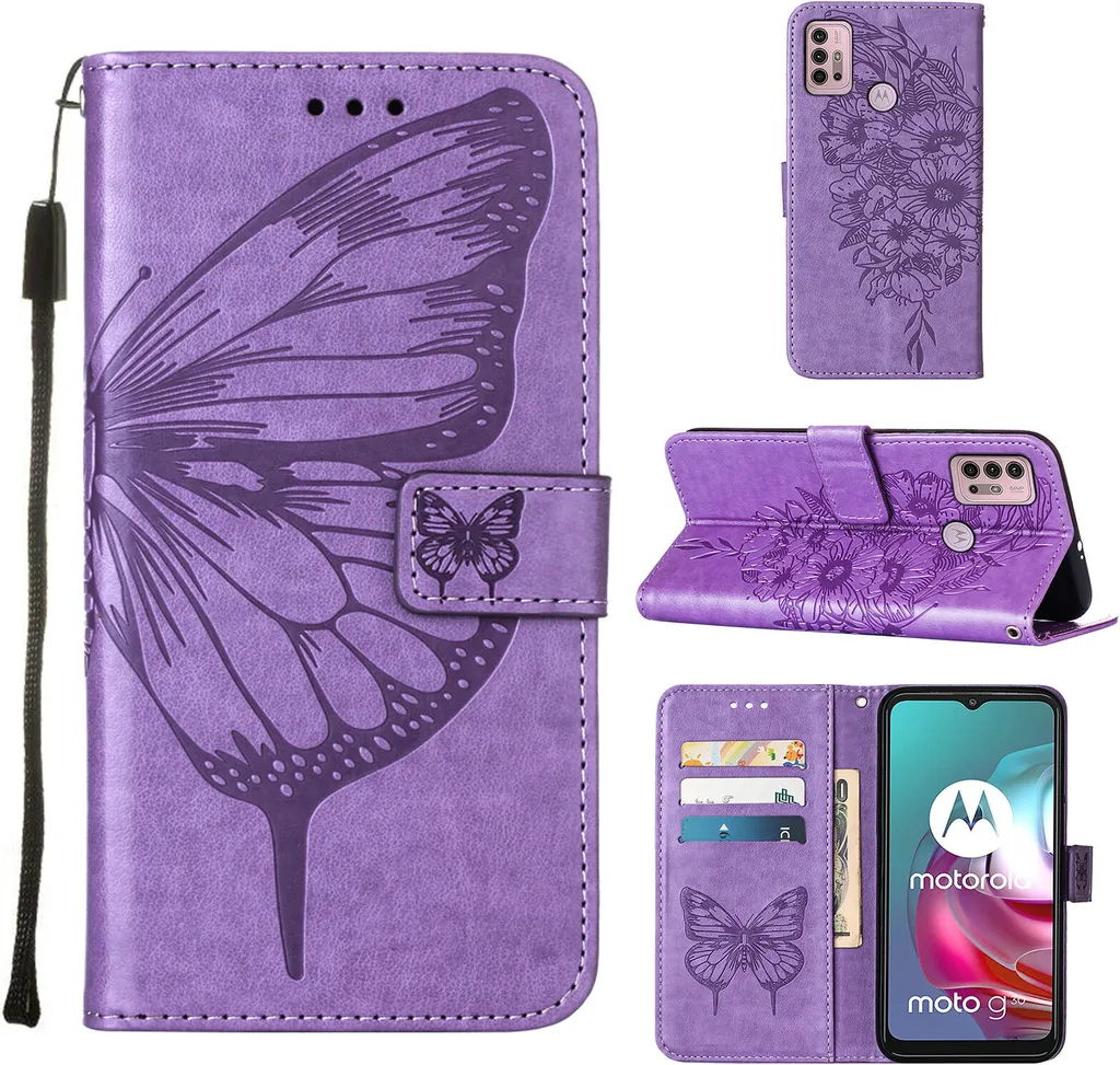 Custodia Moto G30 Viola con Farfalla in Rilievo | Portafoglio in Pelle