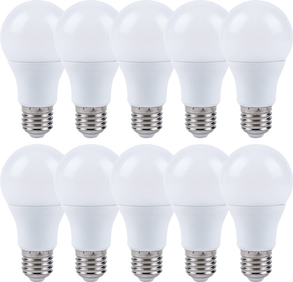 A group of LED light bulbs arranged in two rows against a white background.