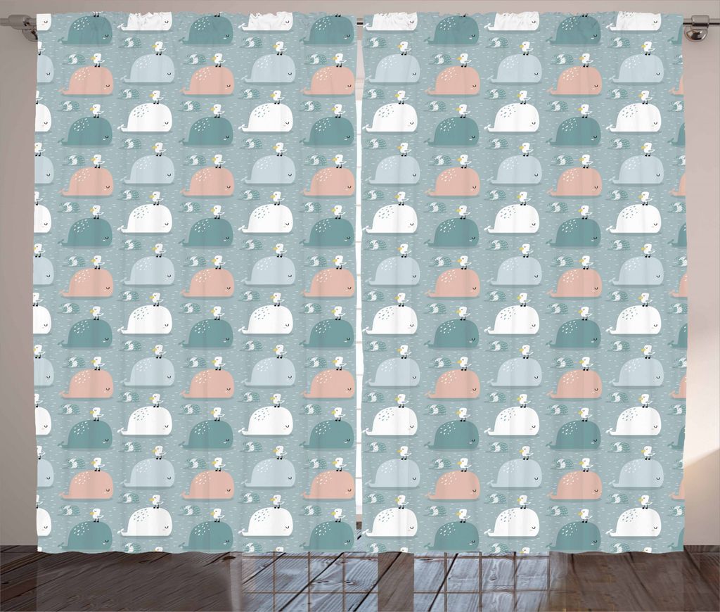 ABAKUHAUS Wal Rustikaler Vorhang, Meeressäuger mit Seagull, Wohnzimmer Universalband Gardinen mit Schlaufen und Haken, 280 x 245 cm, Mehrfarbig
