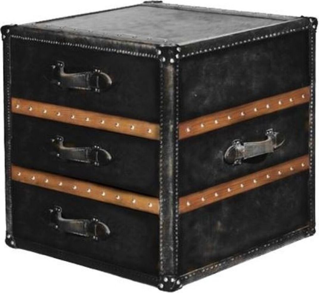 Casa Padrino Luxus Beistelltisch mit 2 Schubladen Schwarz / Braun 52 x 48 x H. 50 cm - Handgefertigter Beistelltisch im Kofferlook