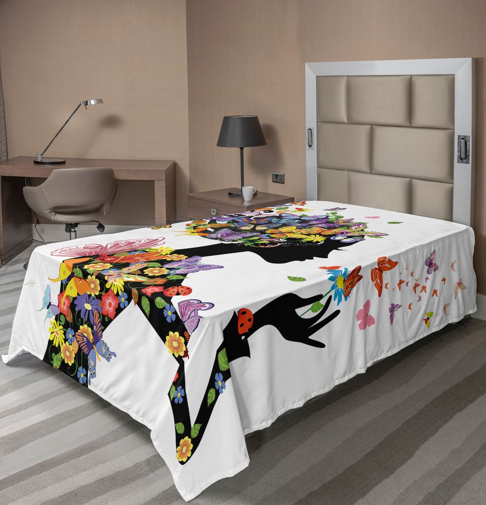 ABAKUHAUS Schmetterlinge Bettlaken, Mädchen Mode Blumen mit Schmetterlingen Zier Blumenlaub Natur Wald Druck, weiches bequemes oberes Bettlaken f...
