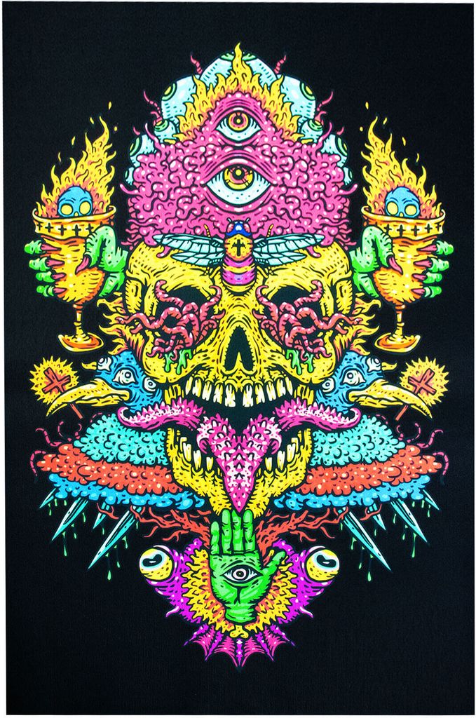 PSYWORK Schwarzlicht Bodenbelag Läufer Neon "Trippy Fire Skull", 1,0x1,5m