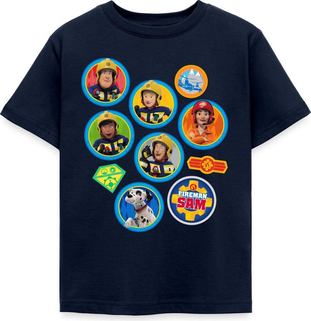 Spreadshirt Feuerwehrmann Sam Patch-Design Vom Ganzen Team Kinder T-Shirt, 122/128 (7-8 Jahre), Navy