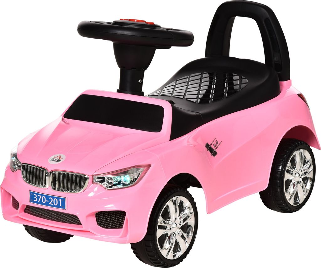 HOMCOM Rutschauto für Kinder von 18 bis 36 Monaten, mit Scheinwerfern, Musikhupe, Lenkrad, Stauraum und Schiebegriff, 63,5 x 28 x 36 cm, Rosa