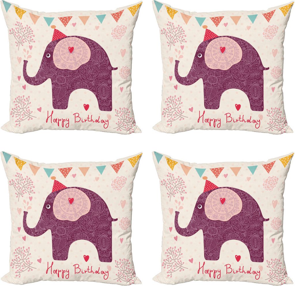 ABAKUHAUS Geburtstagsfeier Kissenbezug Set (4 Stück), Lila Kunst-Elefant, Moderner Doppelseitiger Digitaldruck, 60 cm x 60 cm, Rosa