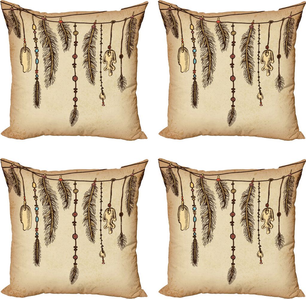 ABAKUHAUS Stammes Kissenbezug Set (4 Stück), Bohemian Federn, Moderner Doppelseitiger Digitaldruck, 45 cm x 45 cm, Braun