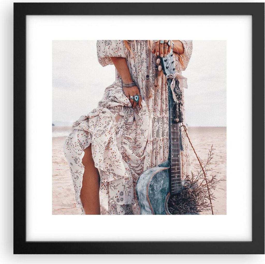 Gerahmtes Poster - Schwarzer Rahmen - Frau Kleid Gitarre - 30x30 cm - Wand Bild - Wanddeko - Wandbilder - Kunstposter - Wandposter - Bilderrahmen -...
