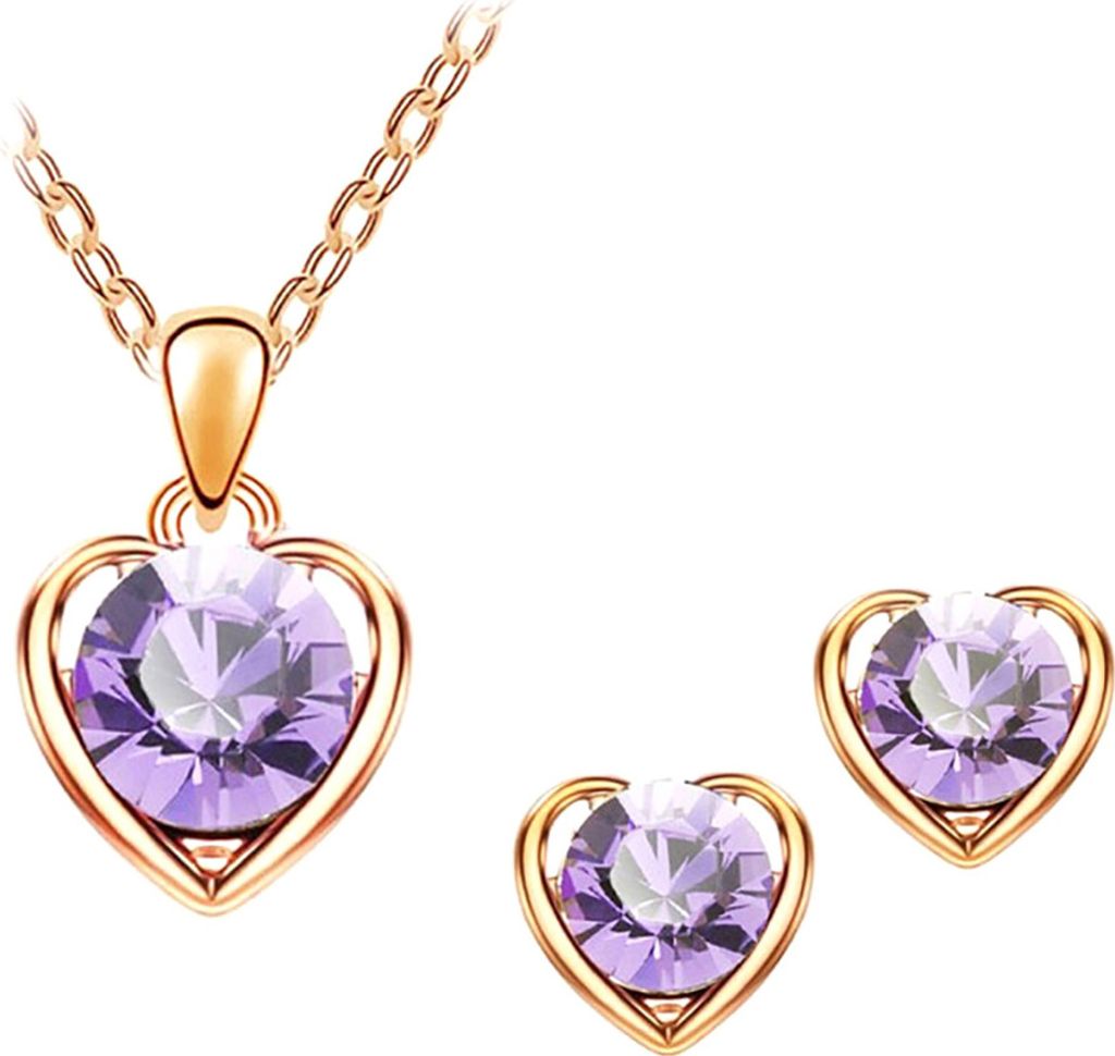 Frauen Strass Herz Anhänger Halskette Kette Ohrstecker Party Schmuck Set-Golden + Hellviolett