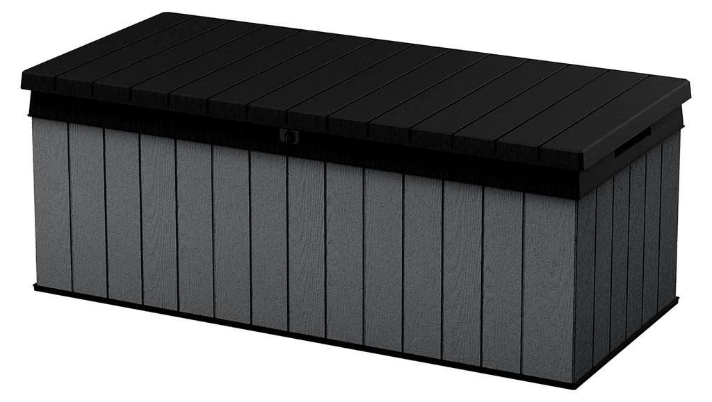 Auflagenbox, Kissenbox, 380 l, Grau – Hydraulisches Kolbensystem mit Gasdruckfeder für Deckel, Abschließbar, Pflegeleicht, Holzoptik, Polsterbox