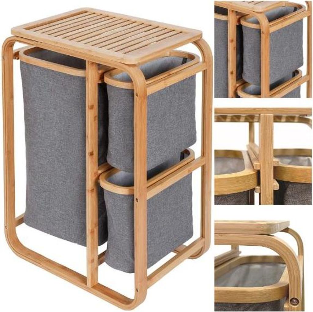 A multi-panel image showcasing a bamboo laundry basket with three grey fabric bags.