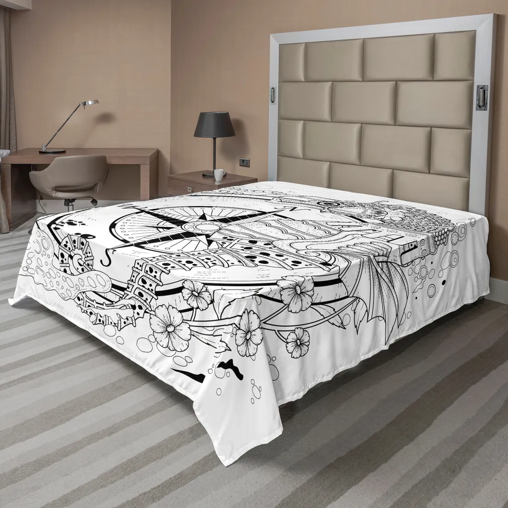 Drap de lit Compass ABAKUHAUS 275x260cm blanc et noir motif marin