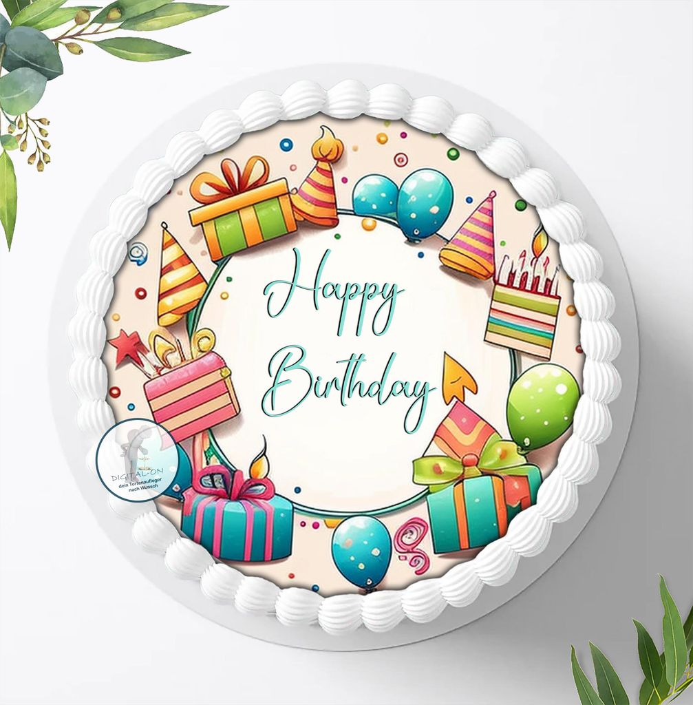 Für die Geburtstags Torte ein Tortenaufleger, Zuckerbild mit dem Motiv: Happy Birthday, Essbares Foto für Torten, Fondant, Ø 20cm, 2067z