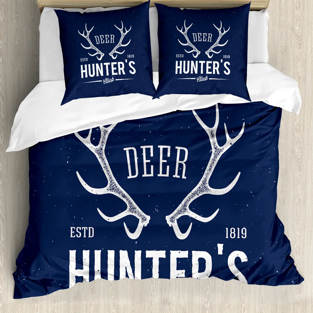 ABAKUHAUS Copripiumino Jagd, Deer Hunter-Club, antiacaro, adatto a chi soffre di allergie, con federe, 155 cm x 220 cm - 80 x 80 cm, blu navy-bianco