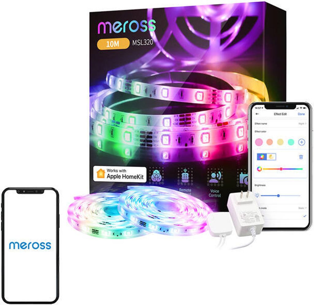 A product shot of a Meross smart Wi-Fi RGB LED light strip, showing the packaging, the light strip itself, a smartphone displaying the Meross app, and a power adapter.