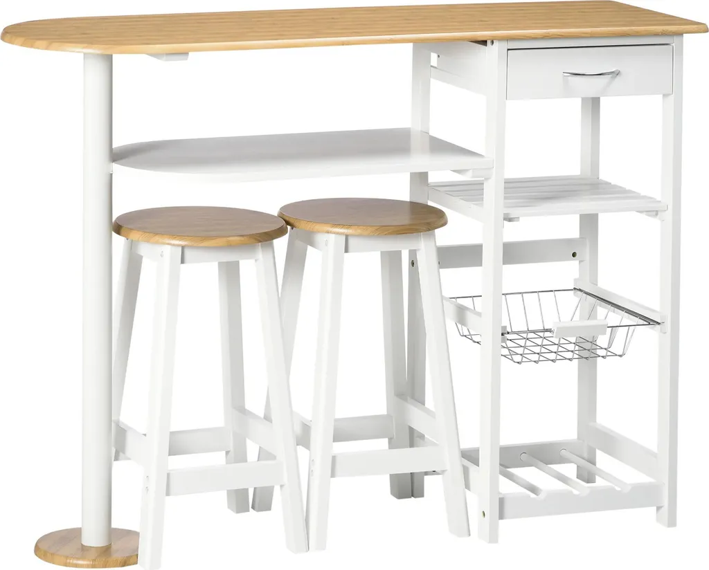 Mange-debout avec 2 tabourets de bar et rangements cuisine blanc naturel