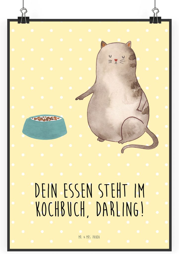 Mr. & Mrs. Panda wanddeko Katze Fressen DIN A2 - Gelb Pastell - Geschenk, drucke, wandkunst, Kunstdruck, Wandbild, Bild