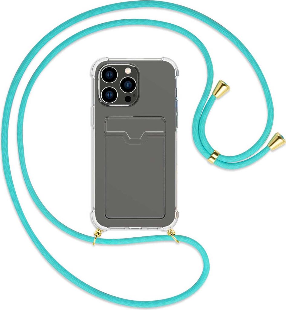 Handykette Backcover-Schutzhülle mit Band (Metall goldfarben) für Apple iPhone 14 Pro Max (6.7'') - türkis