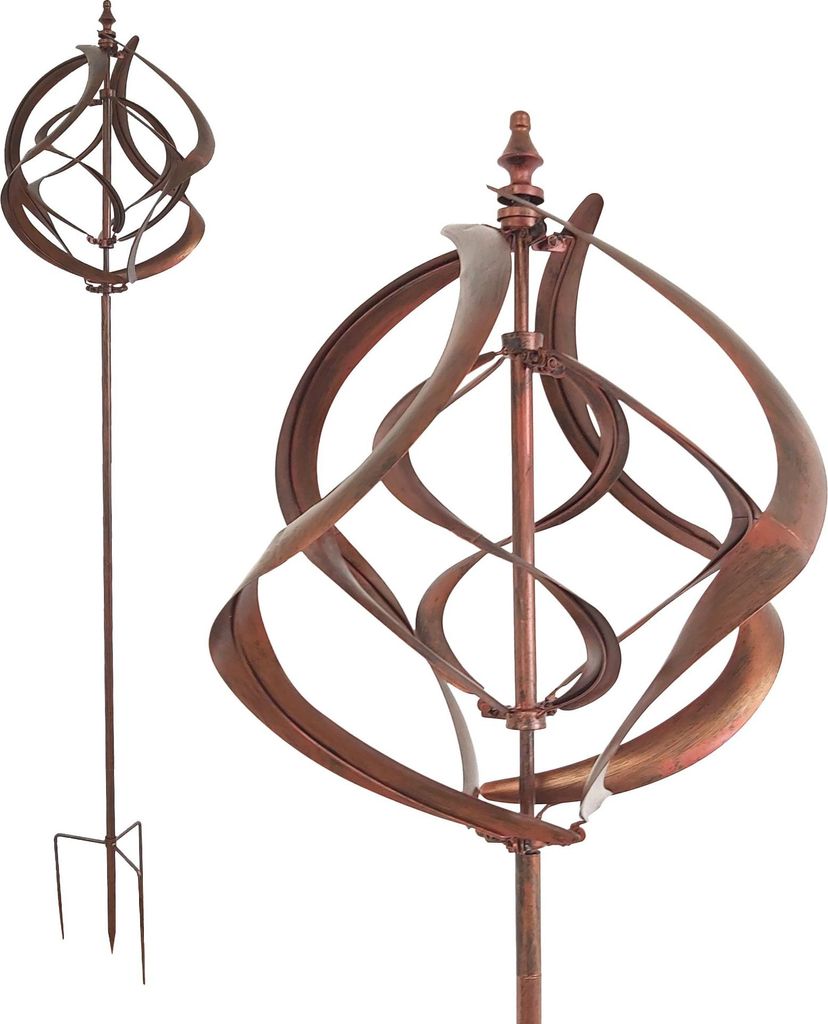 Großes Windspiel aus Metall mit 2 gegenläufigen Rotoren, kupferoptik, Gartendeko, 213 cm hoch