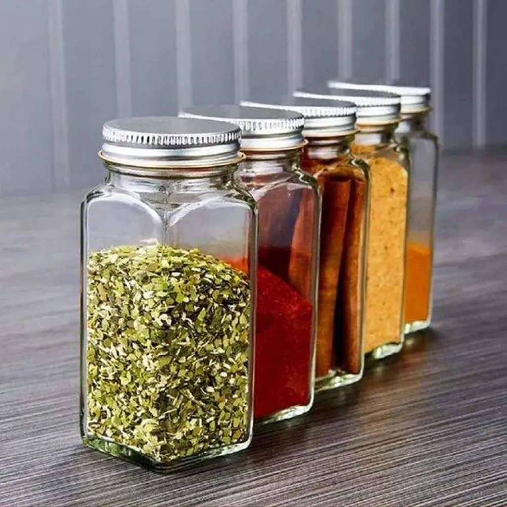 Lot de 12 pots à épices rectangulaires en verre avec couvercles saupoudreurs