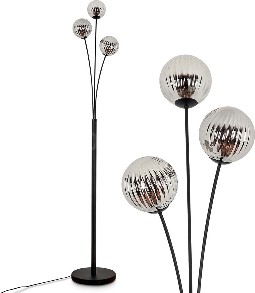 Lerici Stehlampe aus Metall/Riffelglas in Schwarz/Rauchfarben